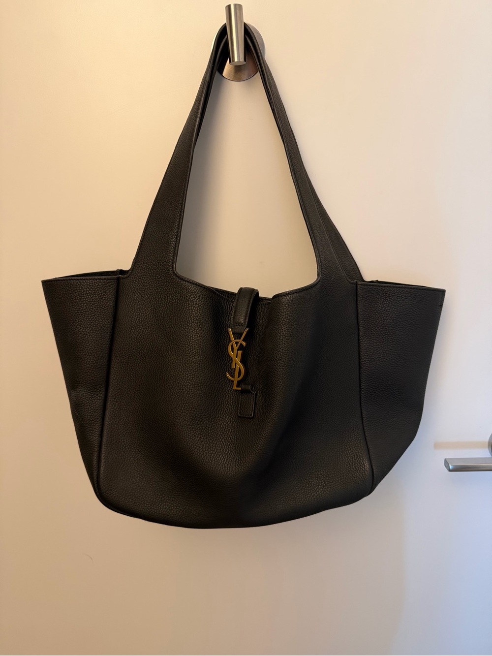 Saint Laurent Black Leather Tote with Gold YSL Pendant